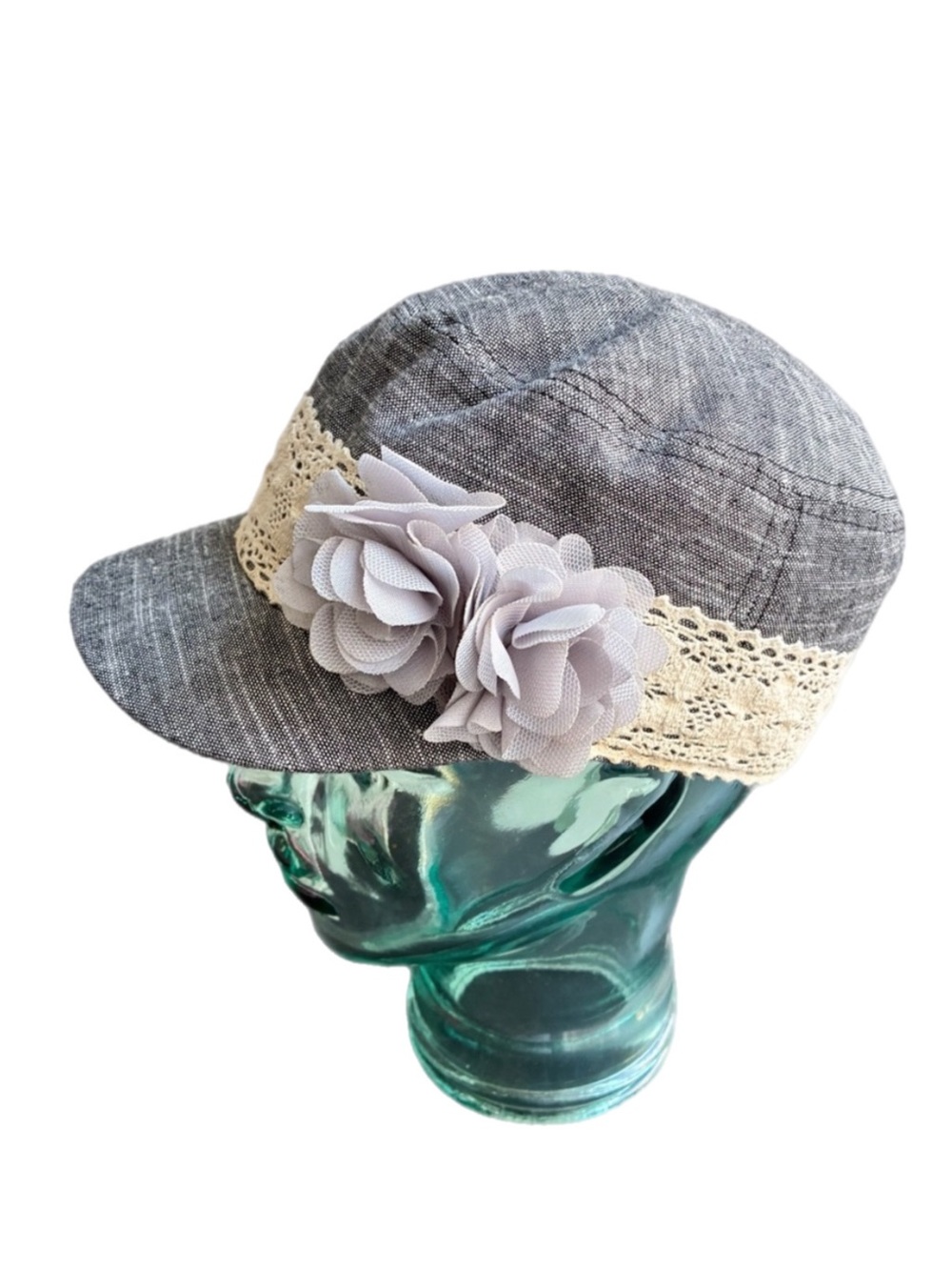 David & Young Gray Newsboy Cadet Hat Cap Lace/Floral Accent 100% Cotton One Size